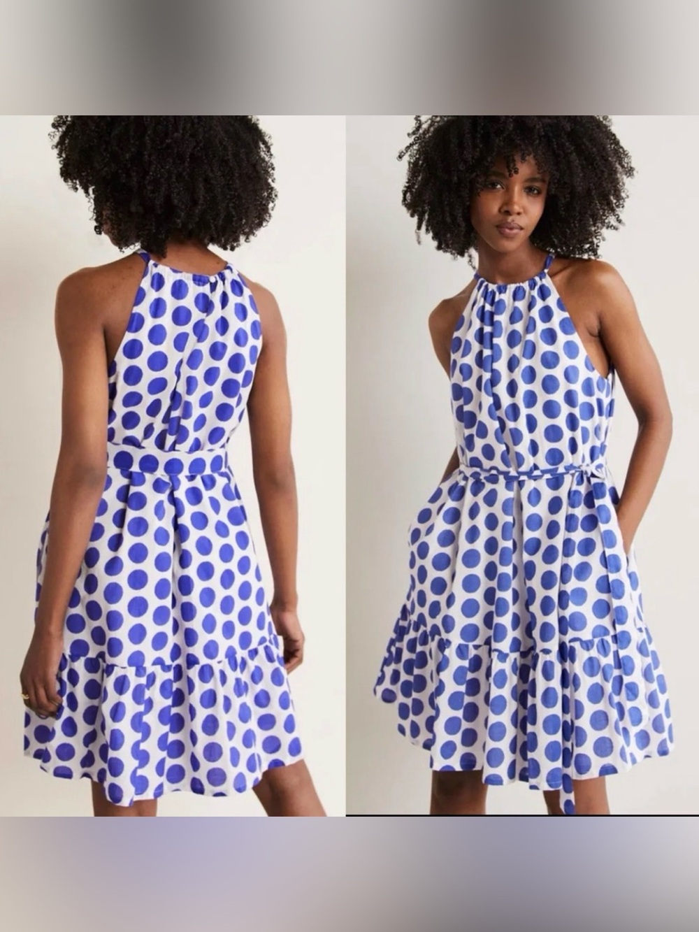 Boden White Halter Mini Dress with Blue Polka Dots